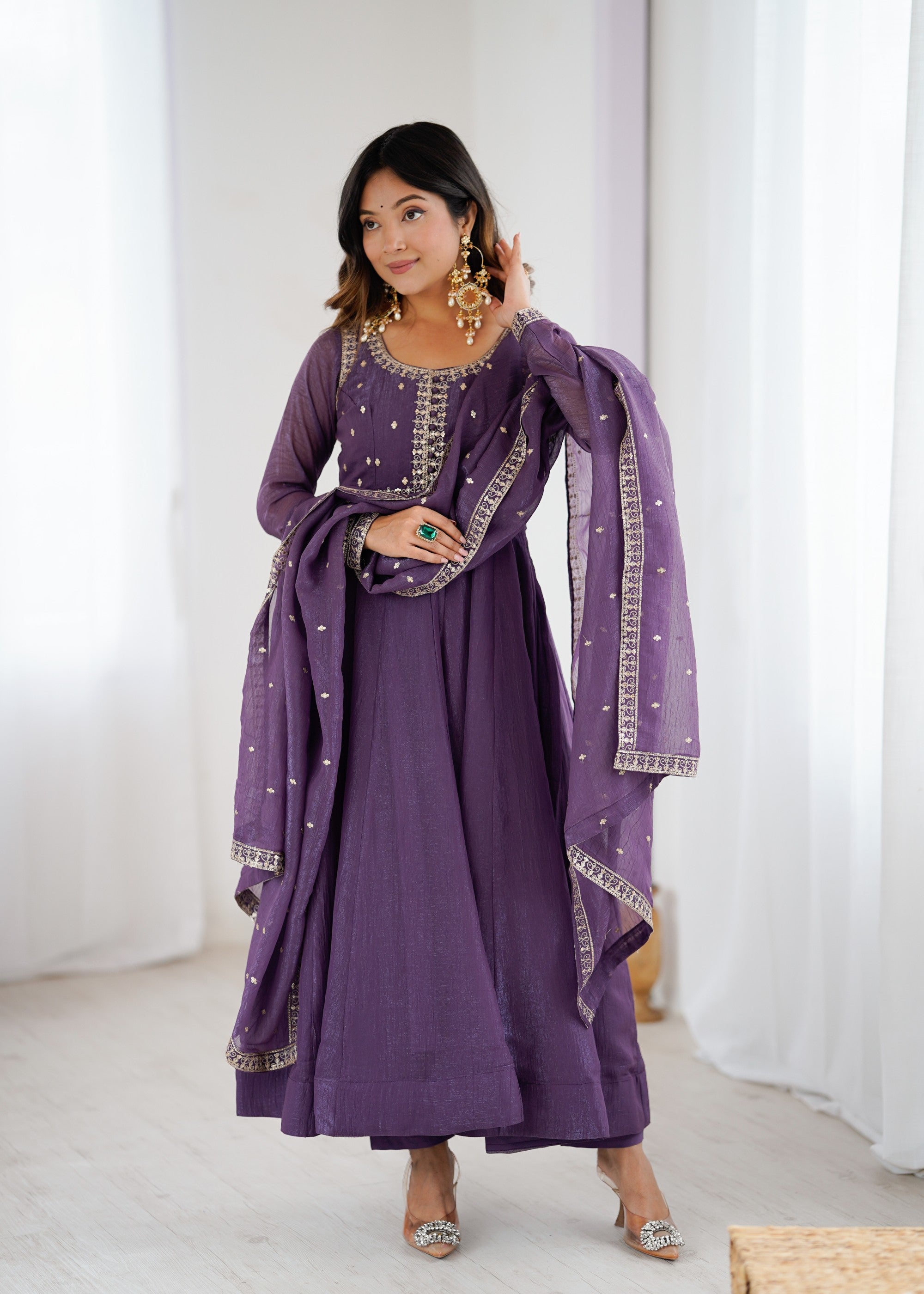 Lavender Pure Crunchy Silk Anarkali Gown with Embroidery and Dupatta
