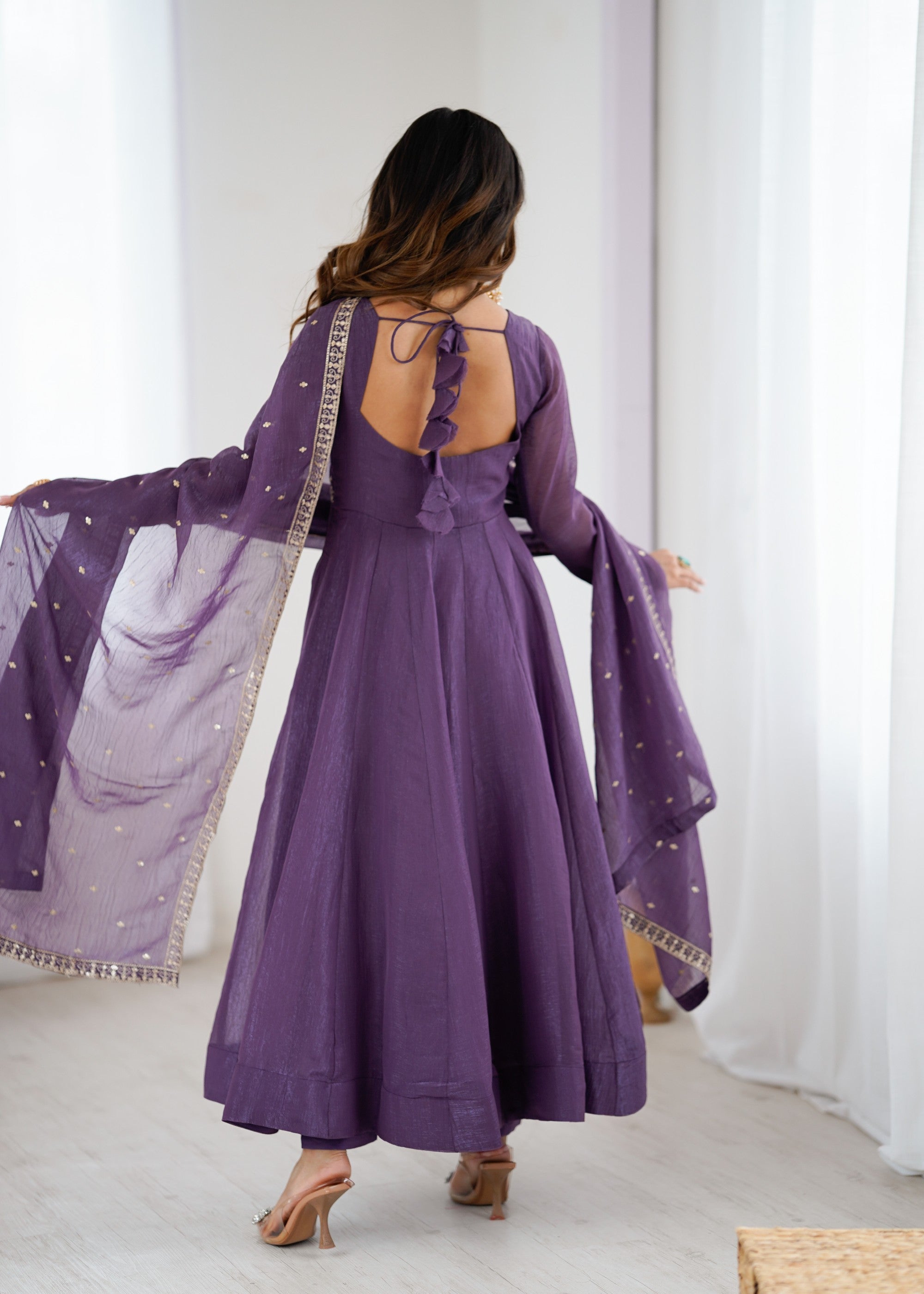 Lavender Pure Crunchy Silk Anarkali Gown with Embroidery and Dupatta