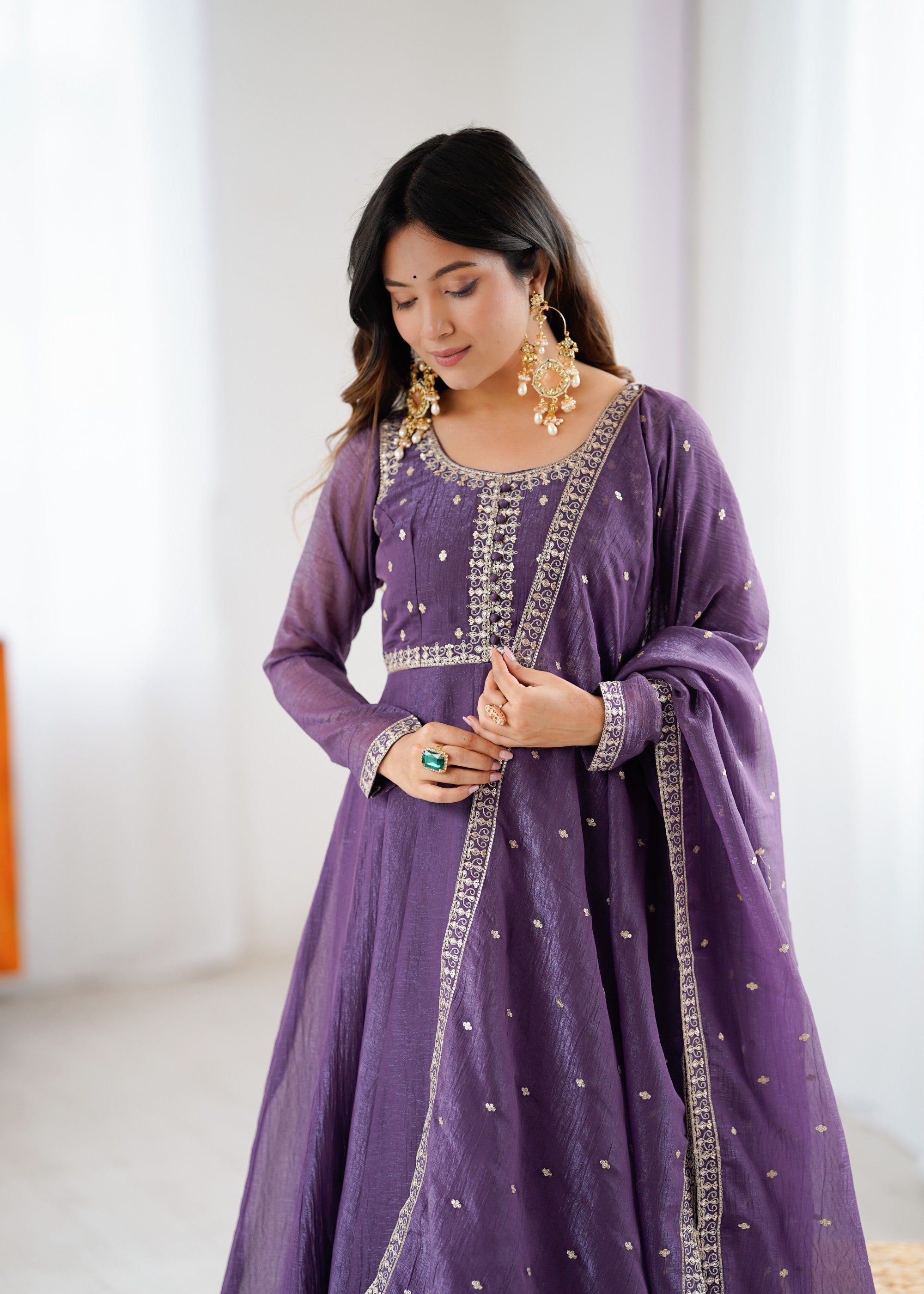 Lavender Pure Crunchy Silk Anarkali Gown with Embroidery and Dupatta
