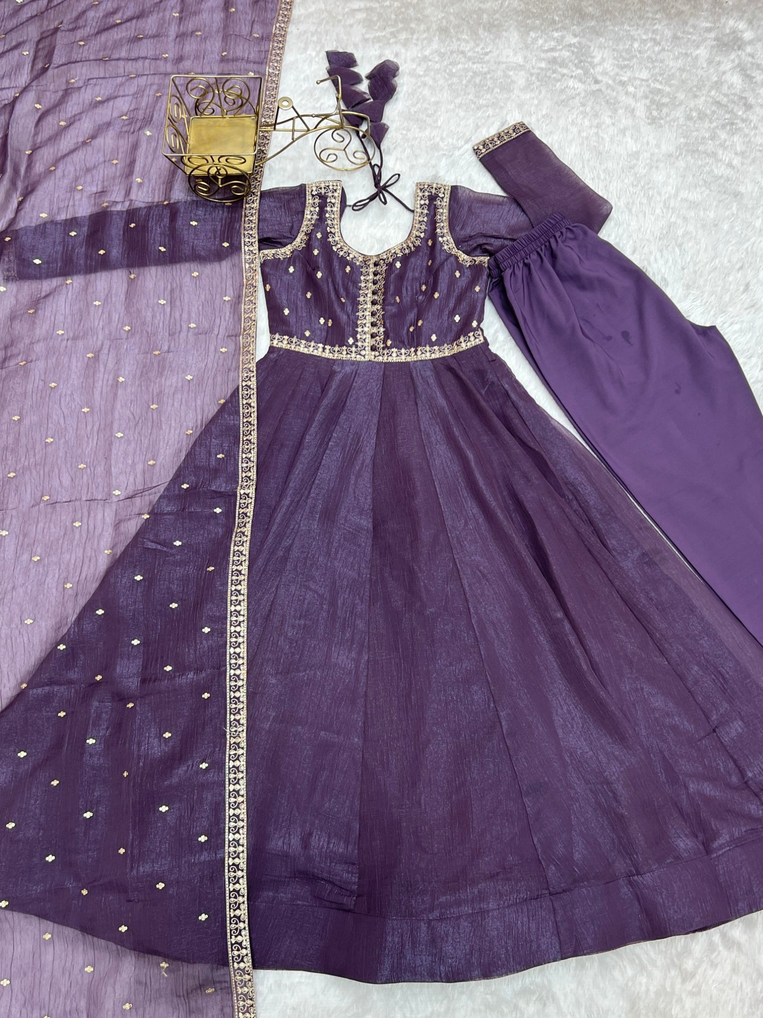 Lavender Pure Crunchy Silk Anarkali Gown with Embroidery and Dupatta