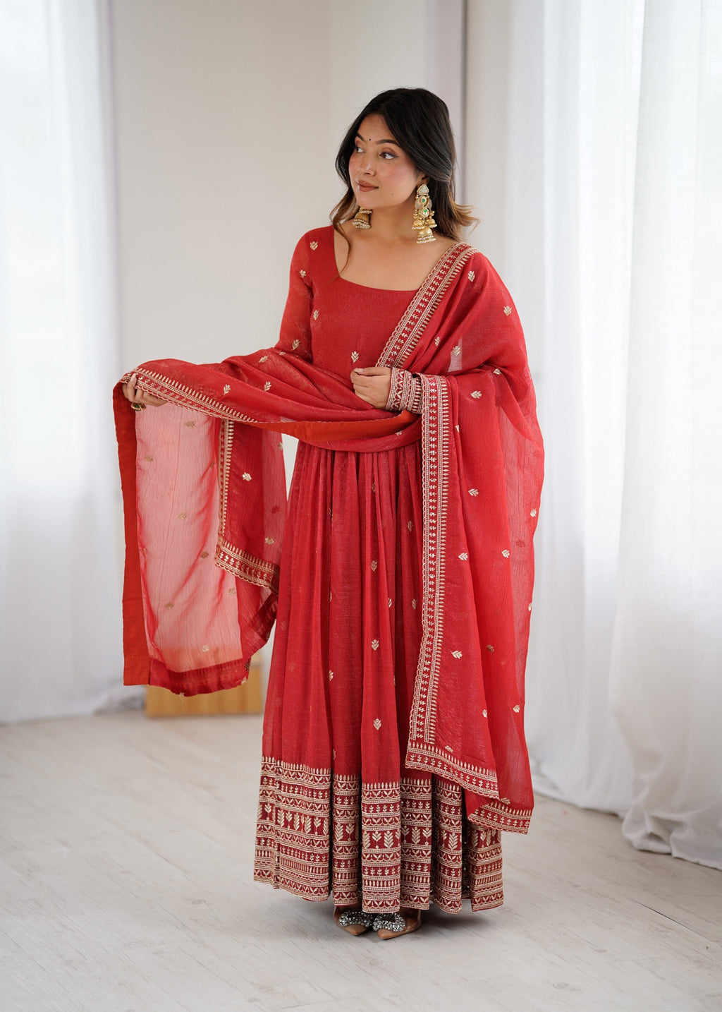 Rust Silk Anarkali Gown with Jari and Sequence Embroidery