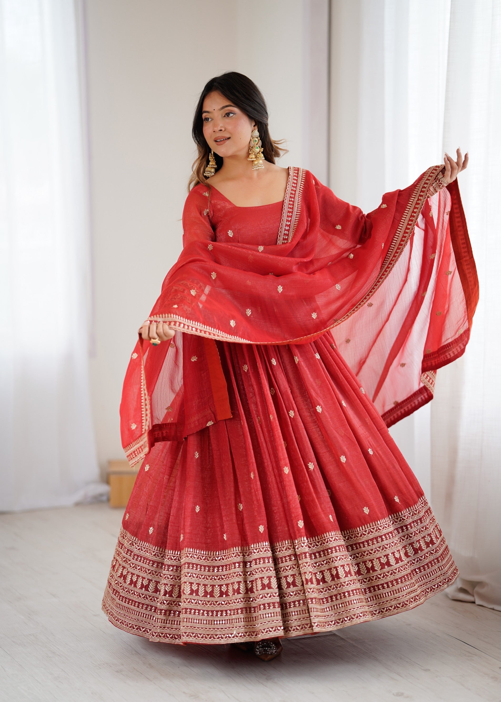 Rust Silk Anarkali Gown with Jari and Sequence Embroidery