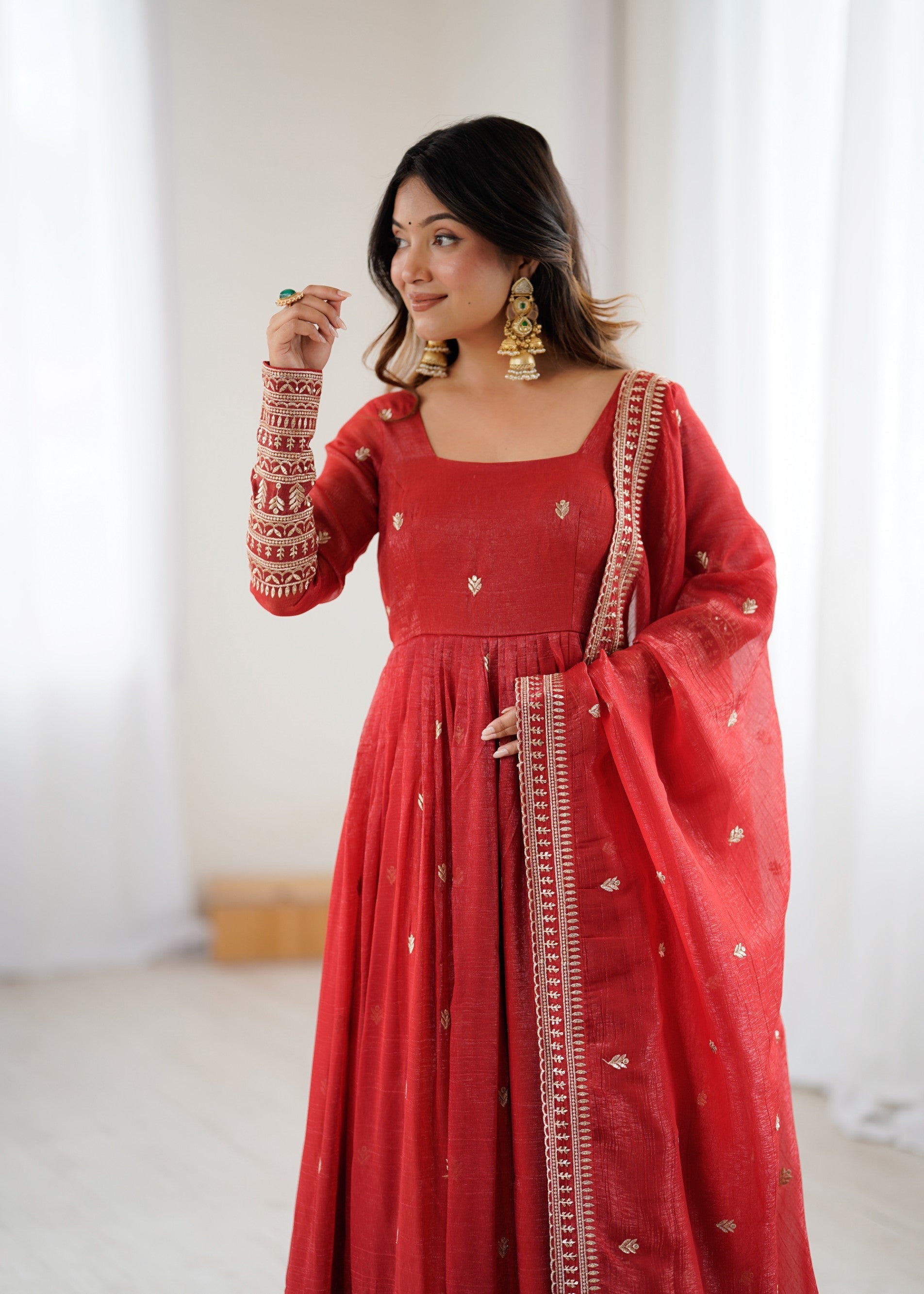 Rust Silk Anarkali Gown with Jari and Sequence Embroidery