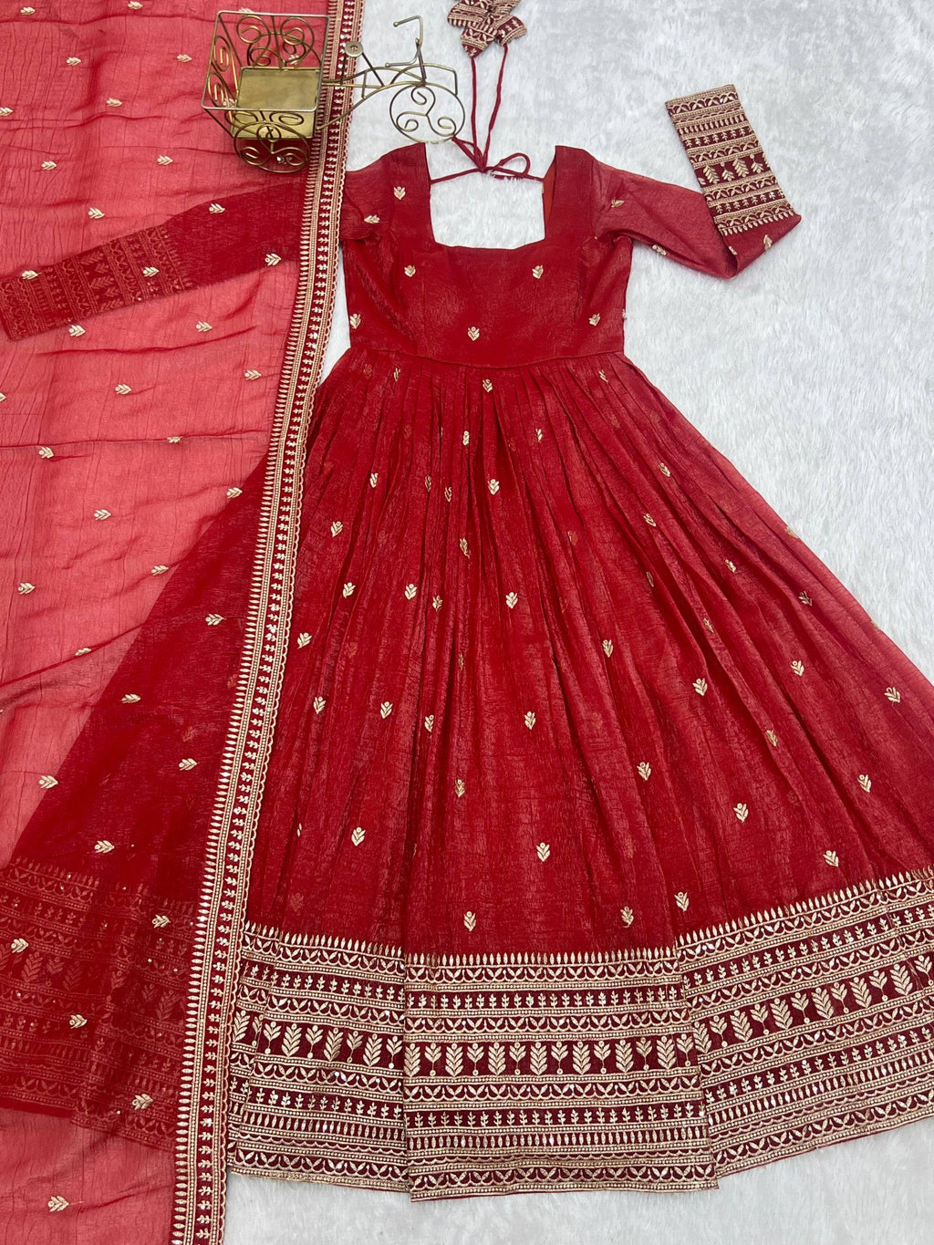 Rust Silk Anarkali Gown with Jari and Sequence Embroidery