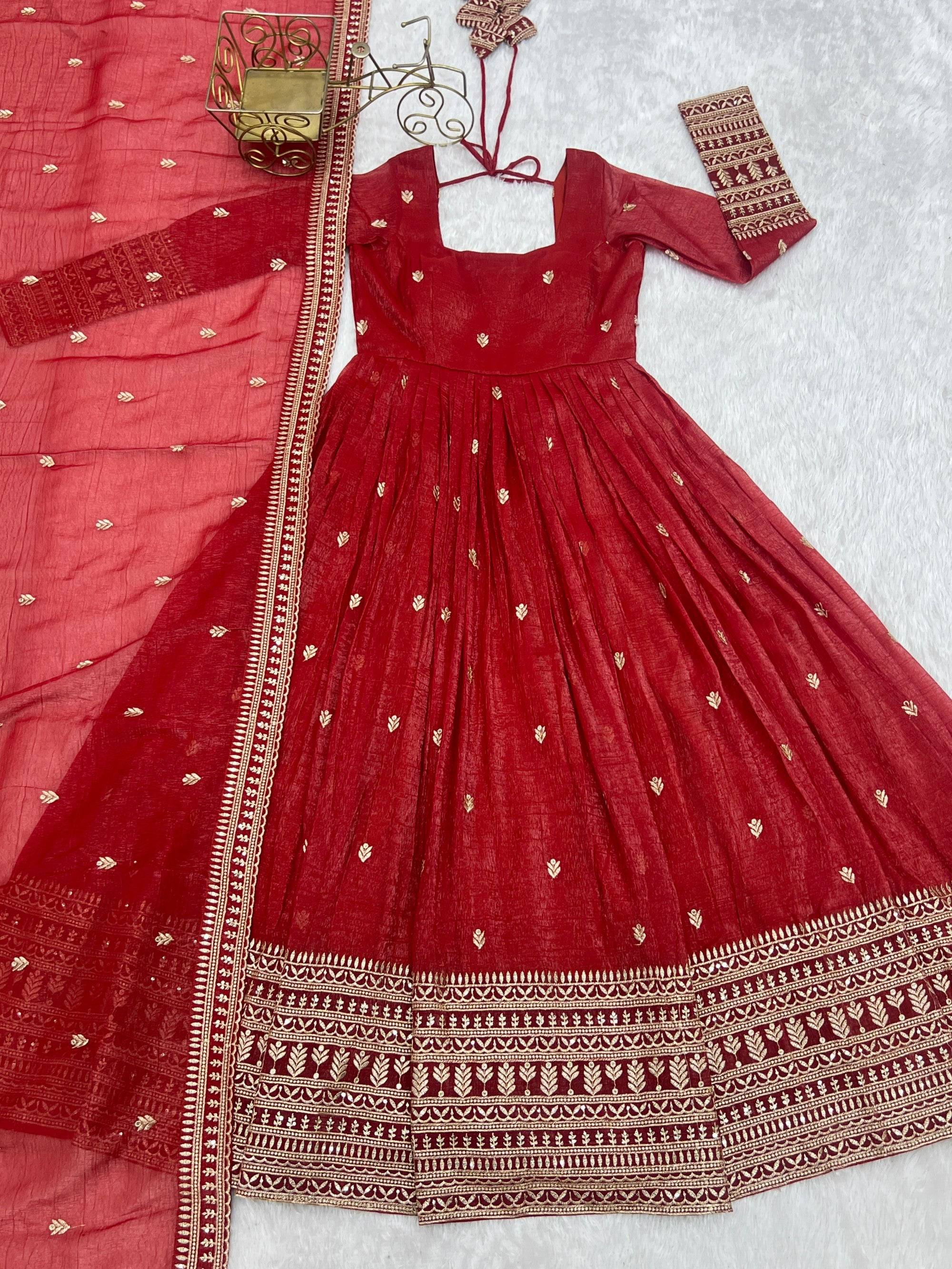 Rust Silk Anarkali Gown with Jari and Sequence Embroidery
