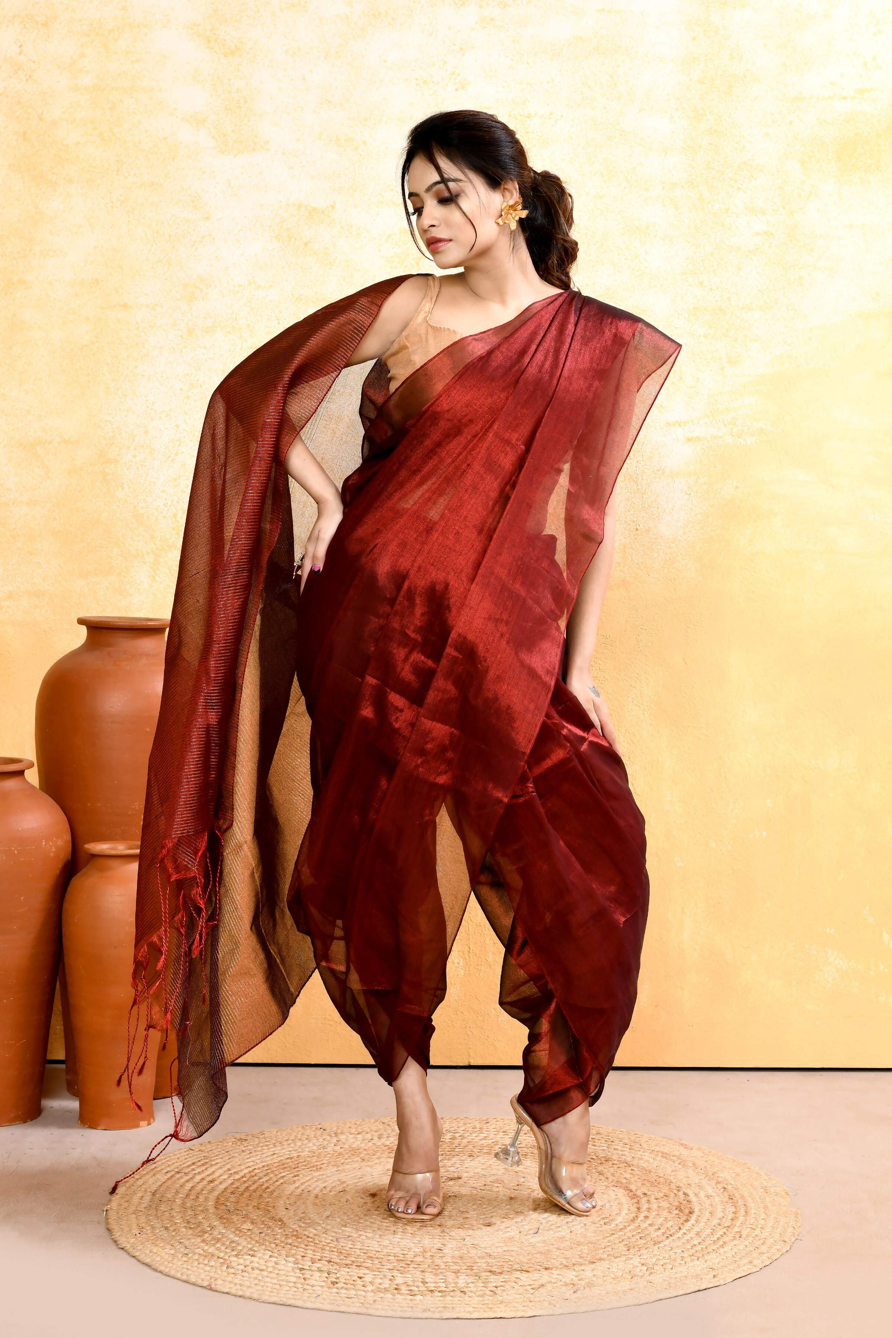 Maroon Dual Tone Organic Tissue Saree with Matching Blouse Piece