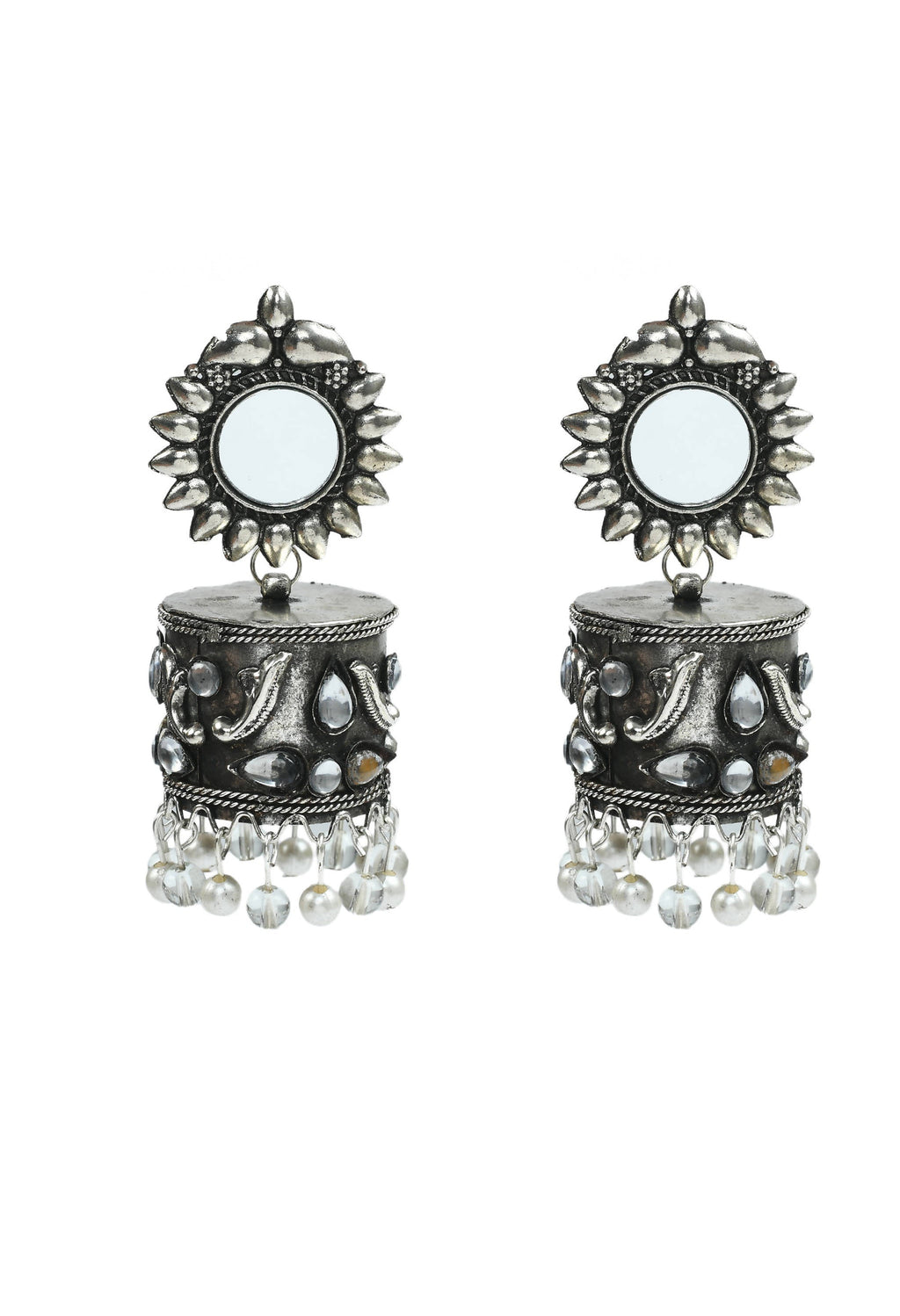Johar Kamal Silver Oxidised Jhumka Earrings with Kundan Accents