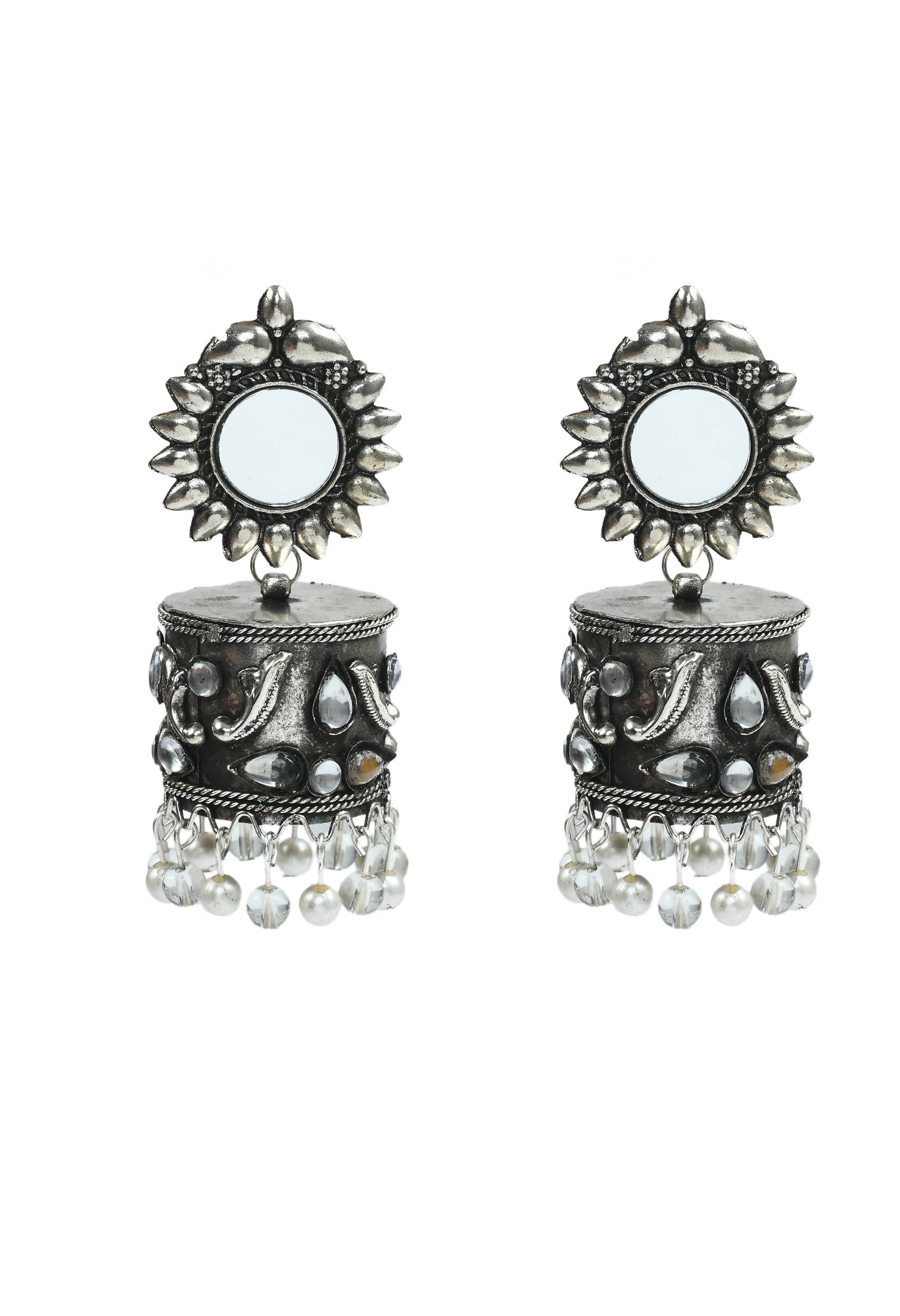 Johar Kamal Silver Oxidised Jhumka Earrings with Kundan Accents