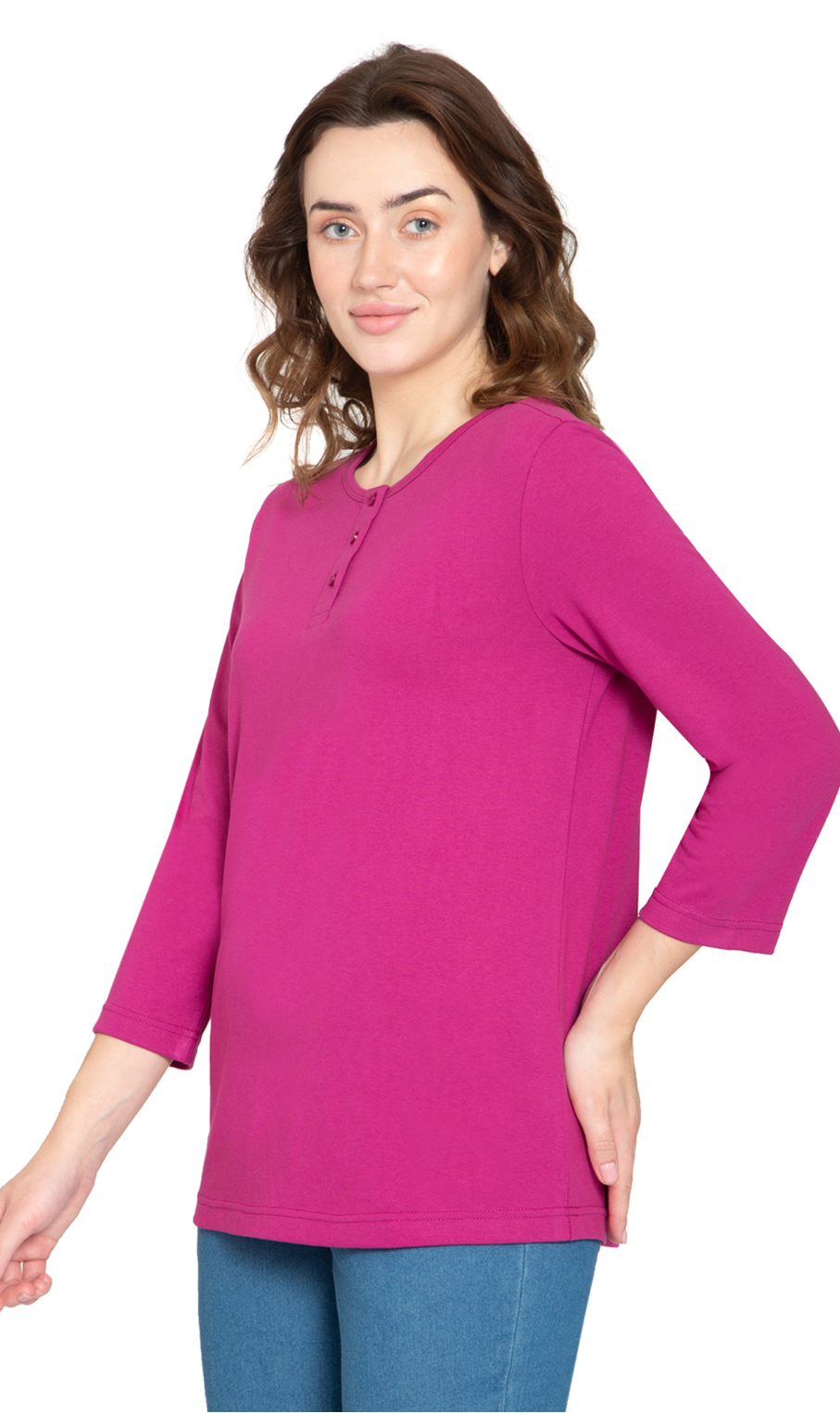 Women's 3/4 Sleeve Henley Top with Button Placket
