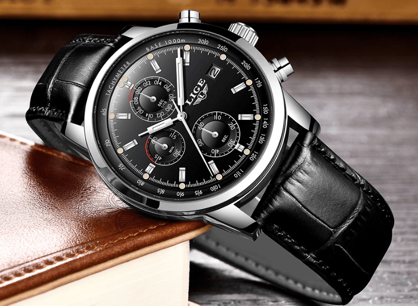 Waterproof Men's Quartz Watch with Chronometers and Brown Strap