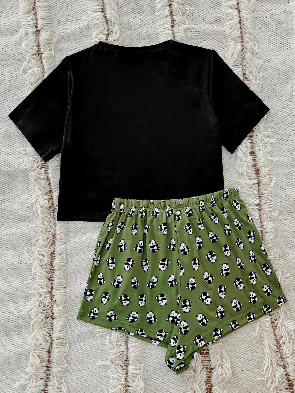 Graphic Tee & Panda Print Shorts Lounge Set - Black