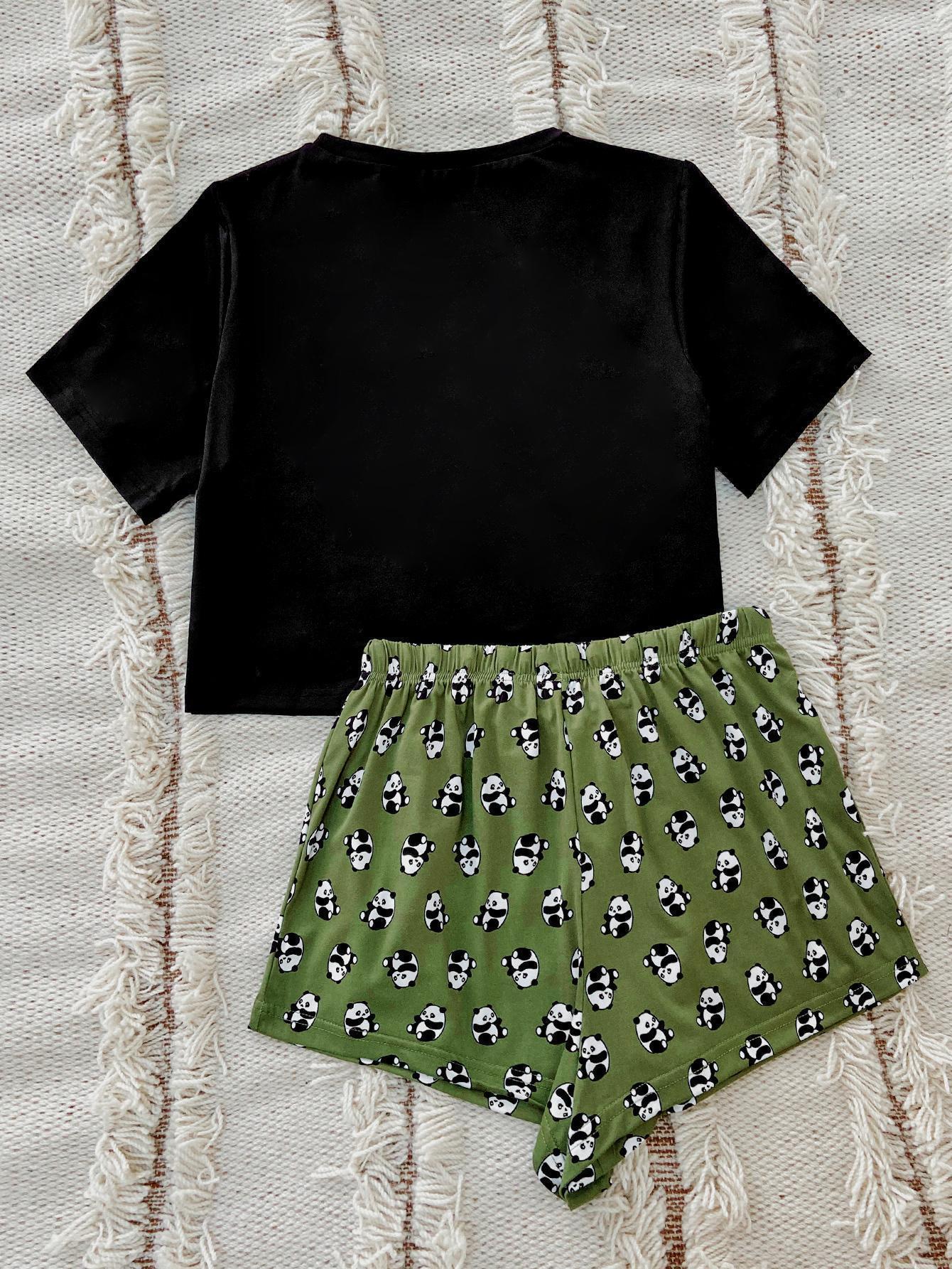 Graphic Tee & Panda Print Shorts Lounge Set - Black
