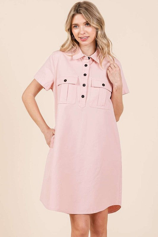 Button Detail Short Sleeve Shirt Dress