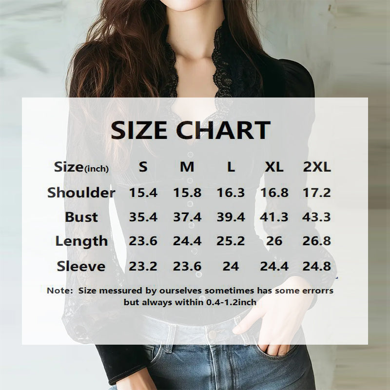 Women's Velvet Long Sleeve Blouse with Elegant Lace Trim Details