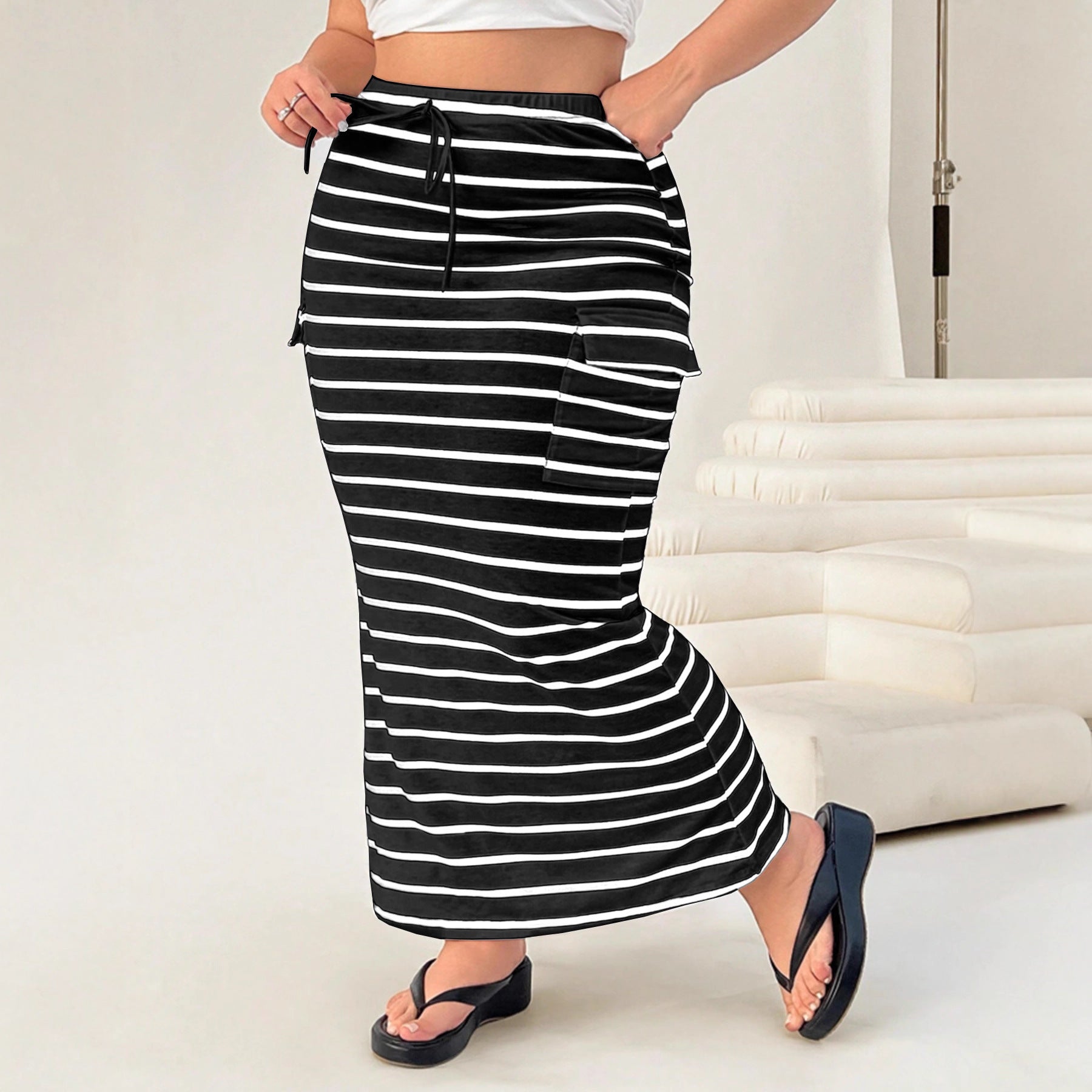 Striped Knitted Slim-Fit Hip Skirt - Mid-Length Casual Skirt