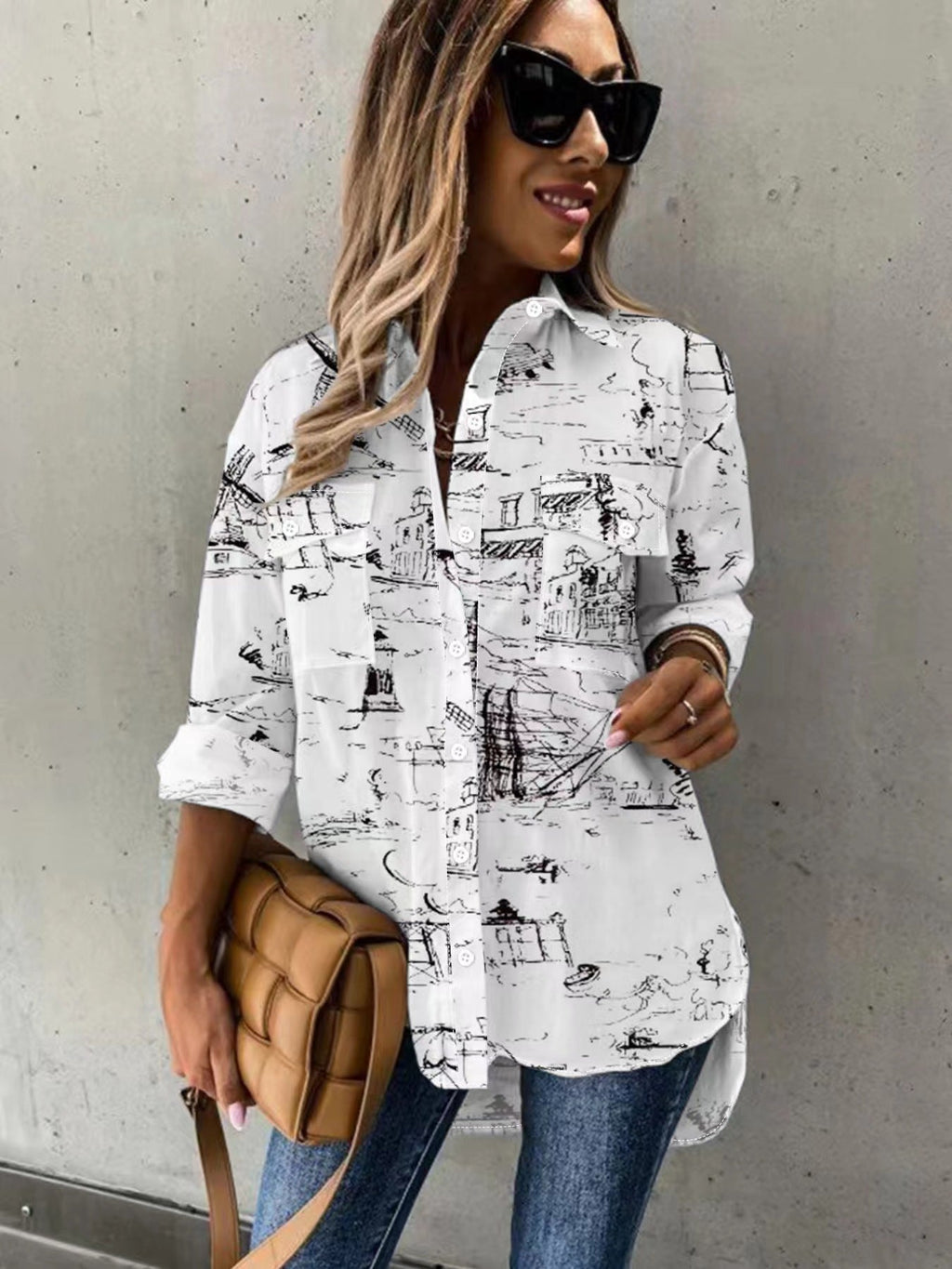 Women's Long Sleeve Button Down Shirt with Pocket Detail - Image 8