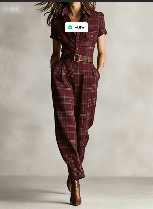 Wine Red Checkered Notched Lapel Wide-Leg Jumpsuit Workwear - Image 2