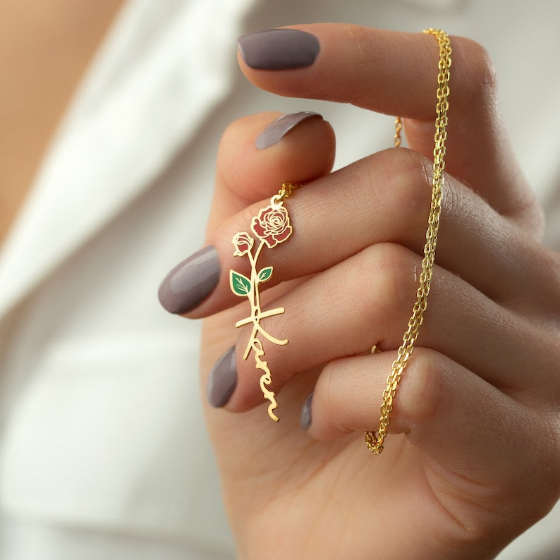 Personalized Birth Flower & Cursive Name Necklace - Custom Minimalist