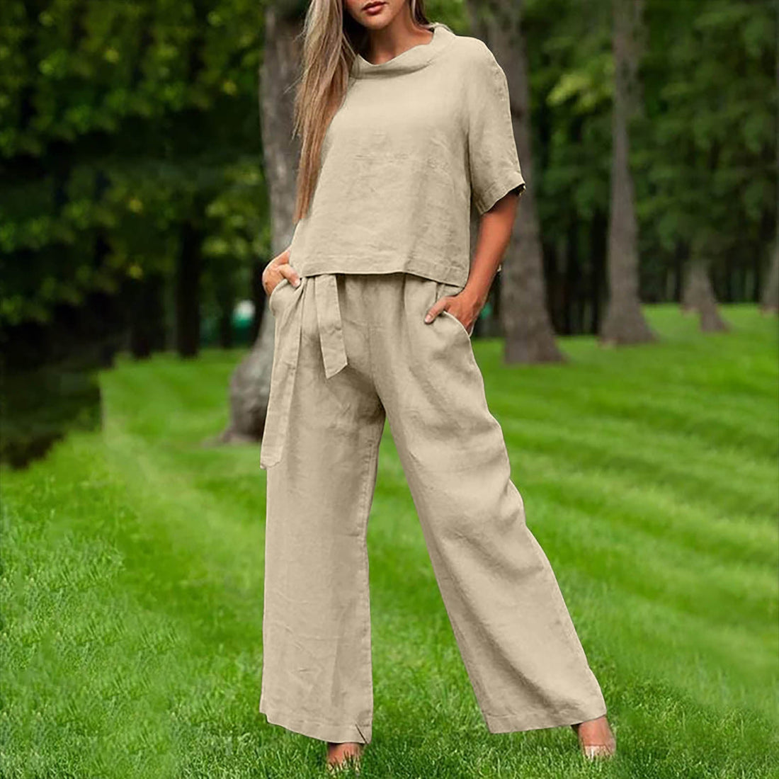 Women's Round Neck 3/4 Sleeve Top and Wide Leg Pant Set - Image 6
