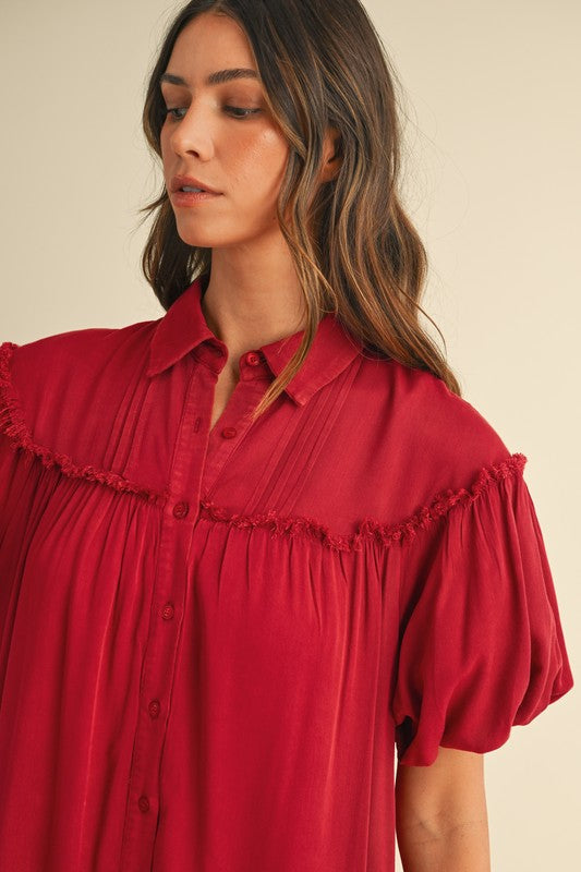 Red Mineral Washed Puff Sleeve Shirt Dress - Casual Cotton