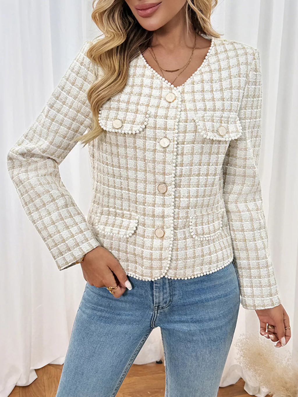 Pearl Trim Button Up Tweed Outerwear