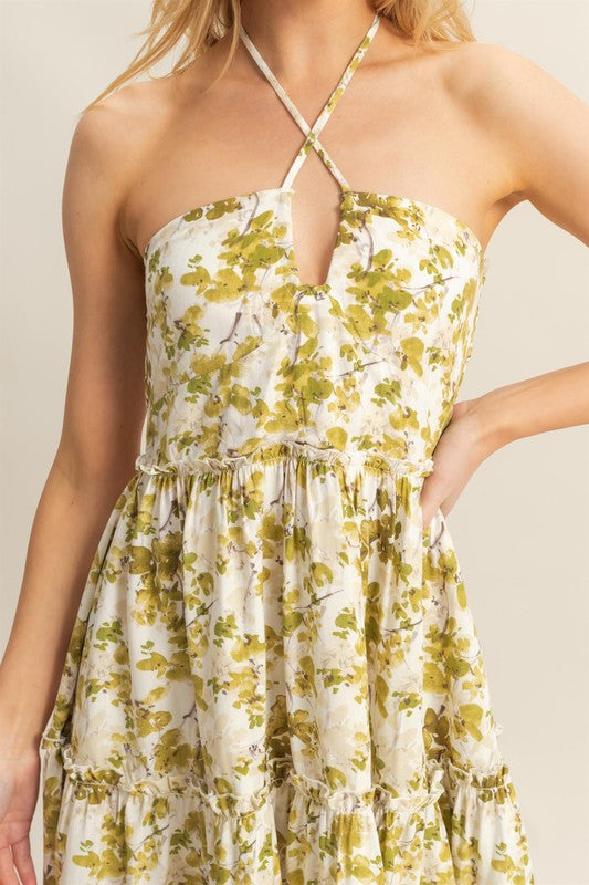 Floral Print Halter Neck Tiered Mini Dress with Crisscross Detail
