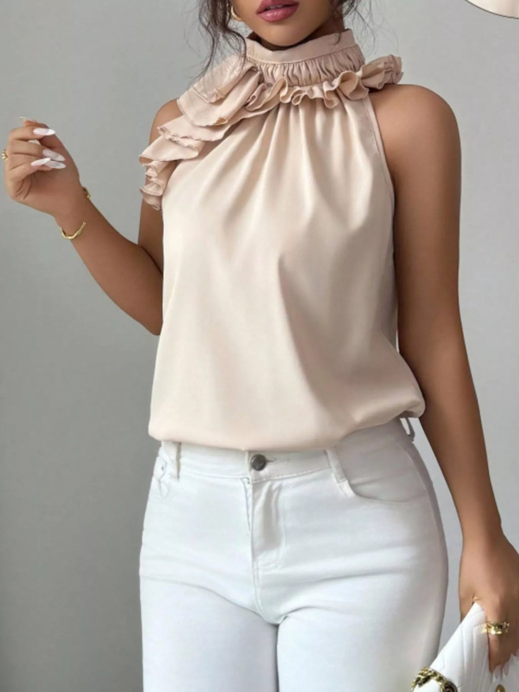 Ruffle High Neck Sleeveless Tank