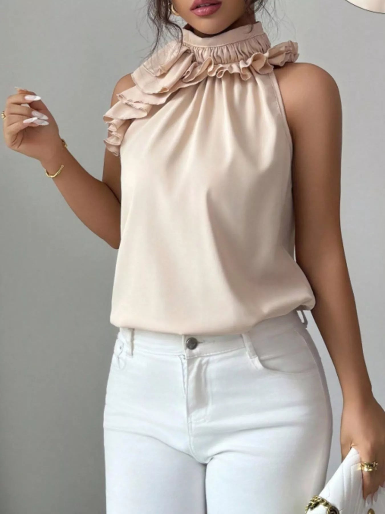 Ruffle High Neck Sleeveless Tank