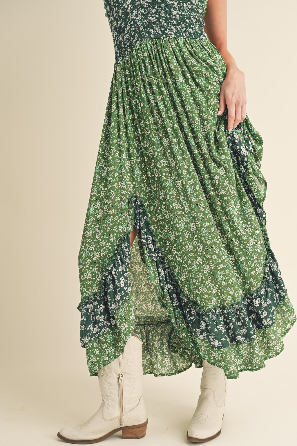 Ditsy Floral Ruffled Hem Maxi Cami Dress in Green & White