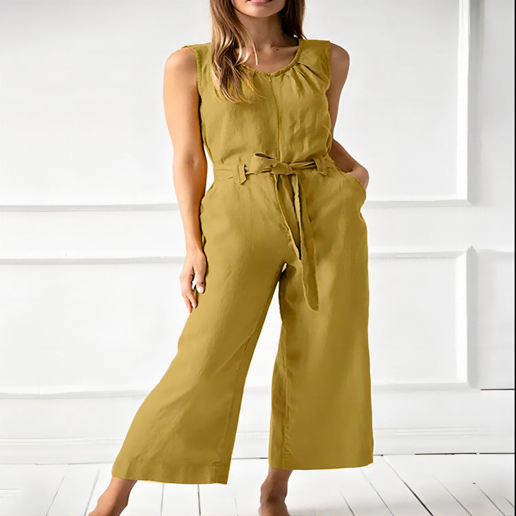 Women's Sleeveless Cotton Tie-Waist Jumpsuit Wide Leg