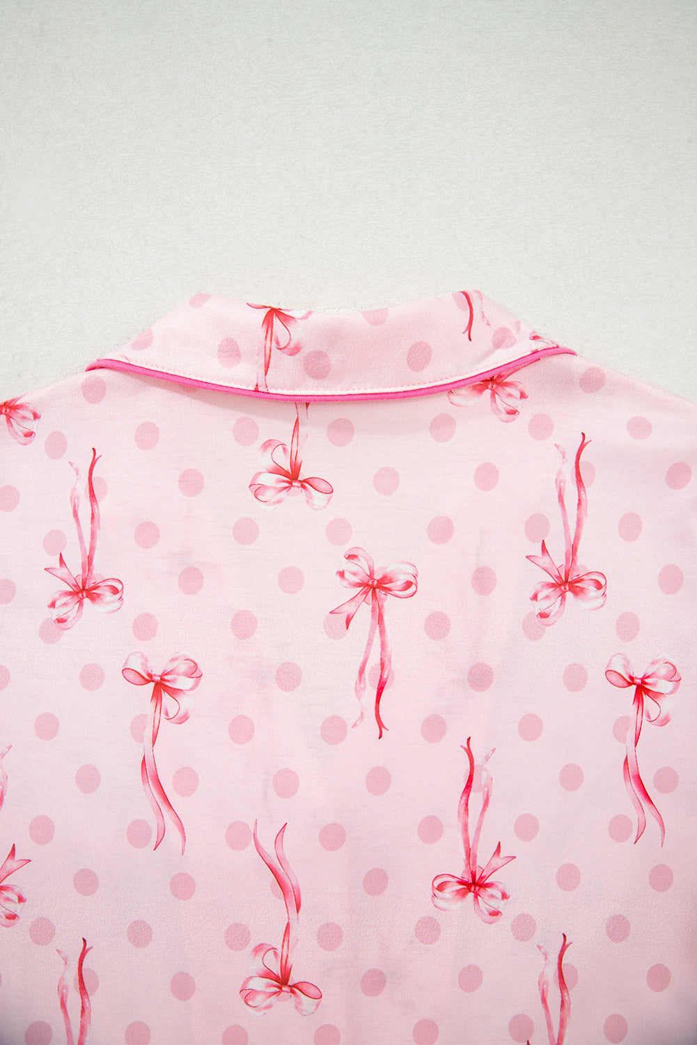 Pink Bow Print Contrast Piping Short Pajamas Set