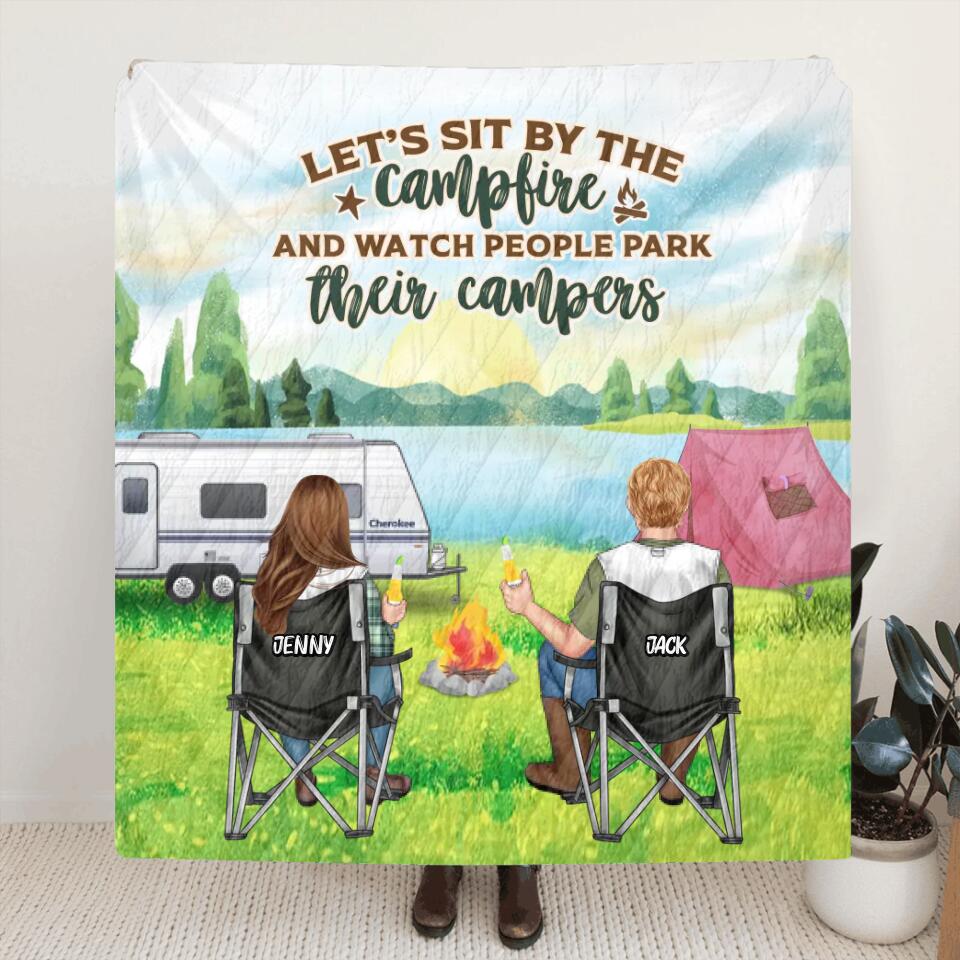 Personalized Camping Couple Fleece Throw Blanket/Quilt - Gift for Camping Lovers - Let's Sit By The Campfire And Watch People Park Their Campers