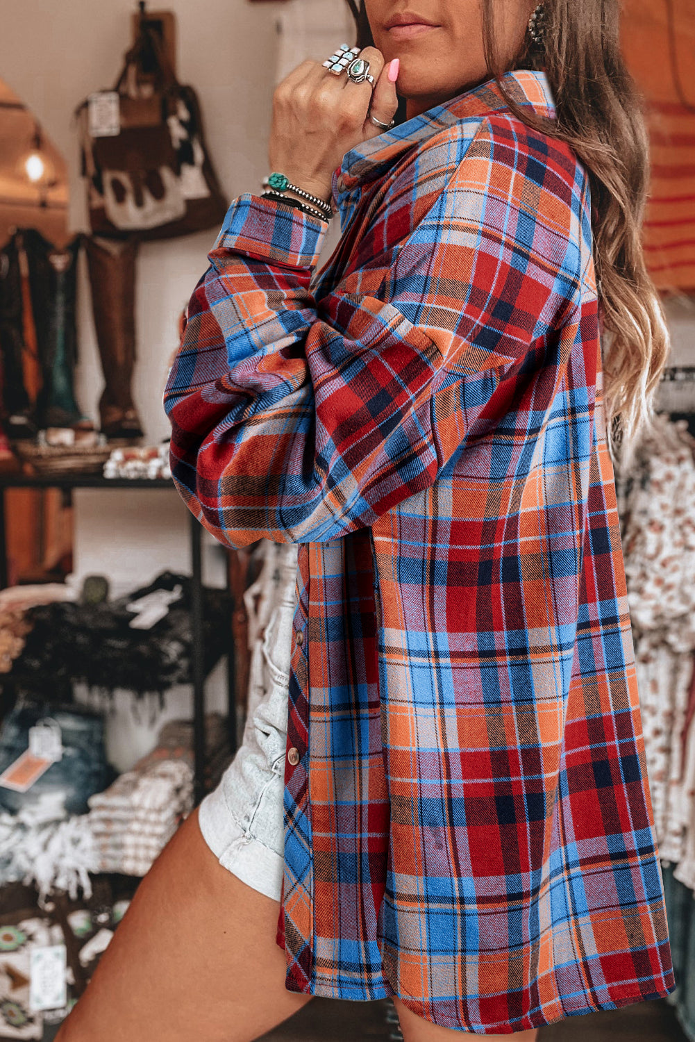 Women's Red Plaid Print Drop Sleeve Loose Shirt Casual Top