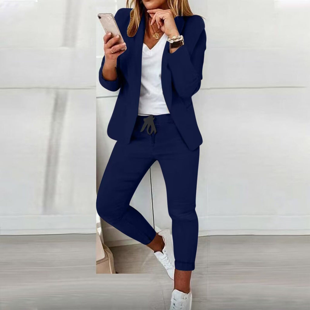 Women Notch-Lapel Blazer and Drawstring Pants Two-Piece Suit