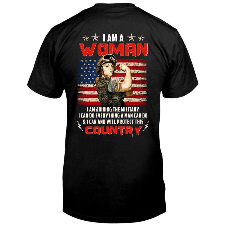 A black t-shirt featuring a graphic of a female soldier flexing with an American flag background and the text I Am A Woman Joining The Military.