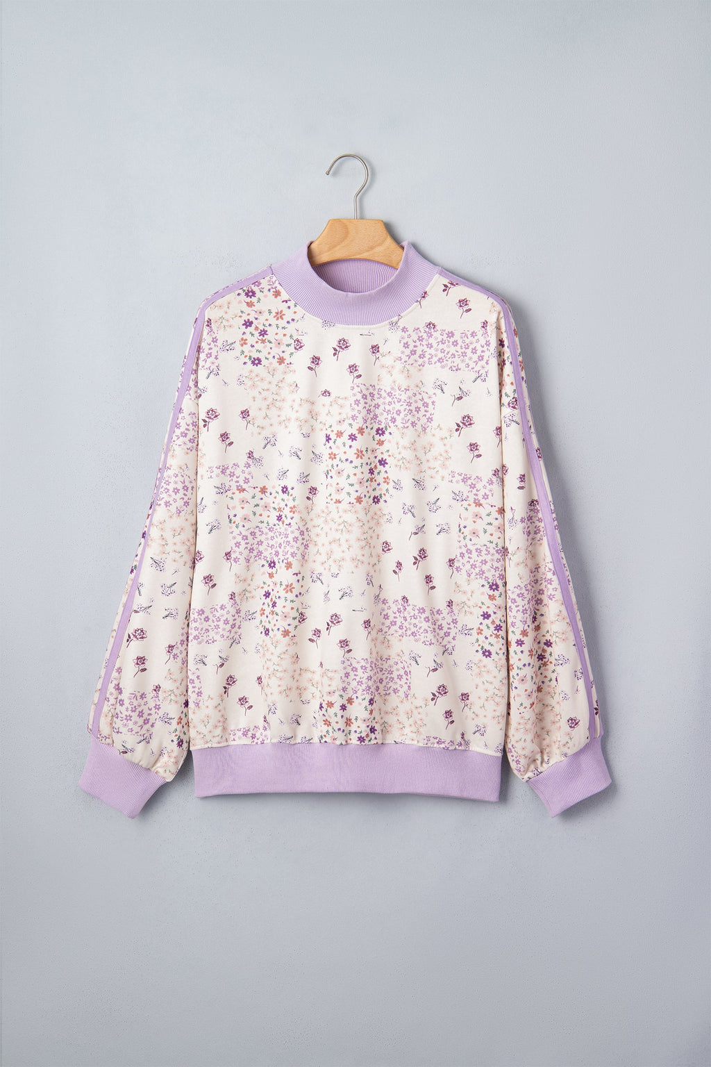 Floral Colorblock Mock Neck Stripe Long Sleeve Sweatshirt