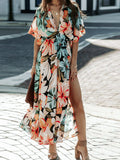 Floral print half-sleeve dress available in black, peach, and teal