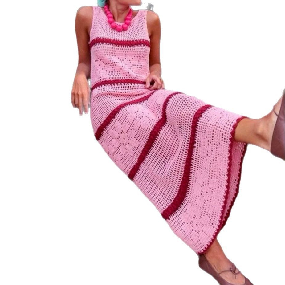 Knitted Contrast Color Hollow Vest Dress – Sleeveless Long Skirt