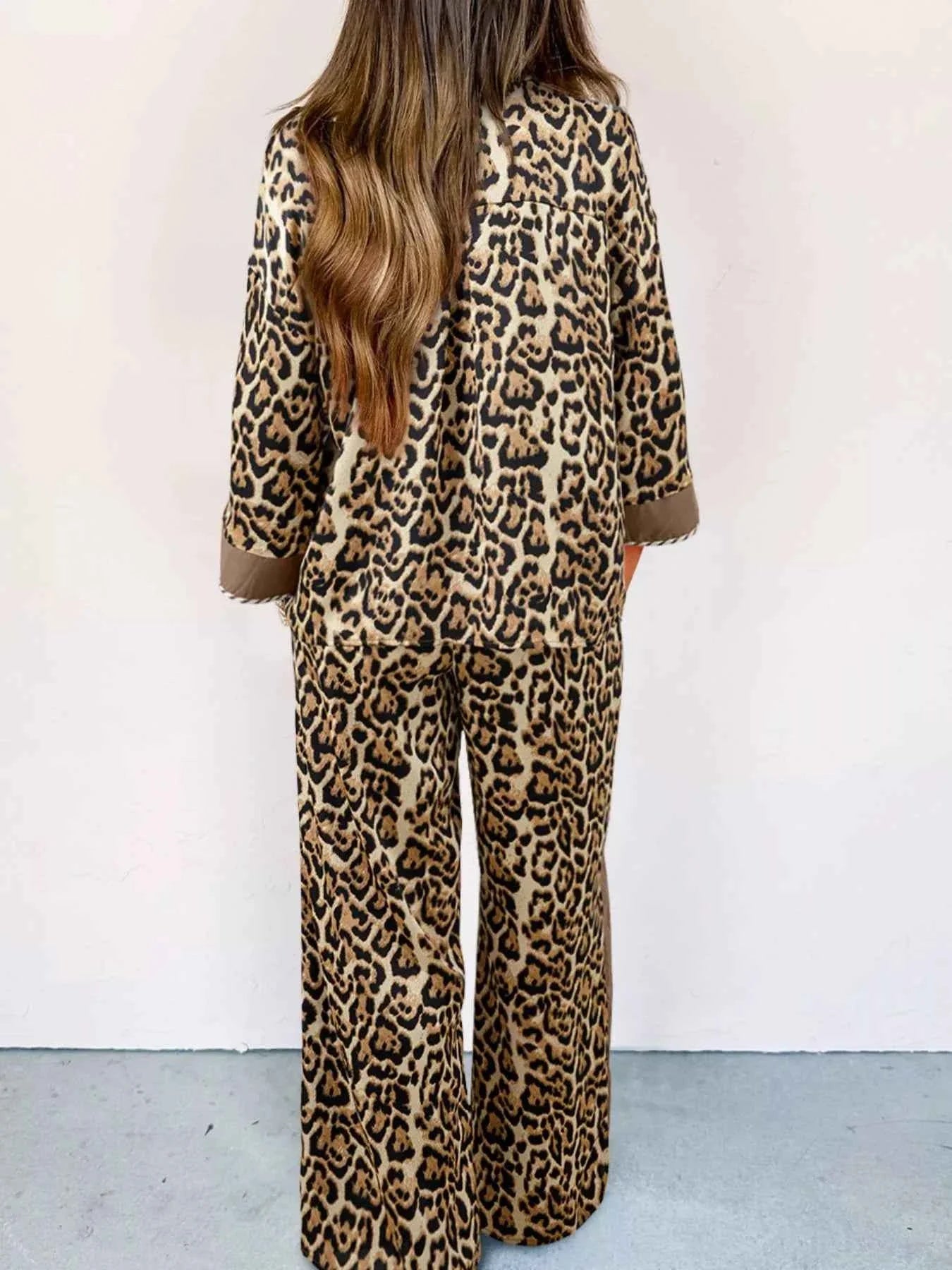 Leopard Collared 3/4 Sleeve Shirt and Loose Pants Two Piece Outfit Set