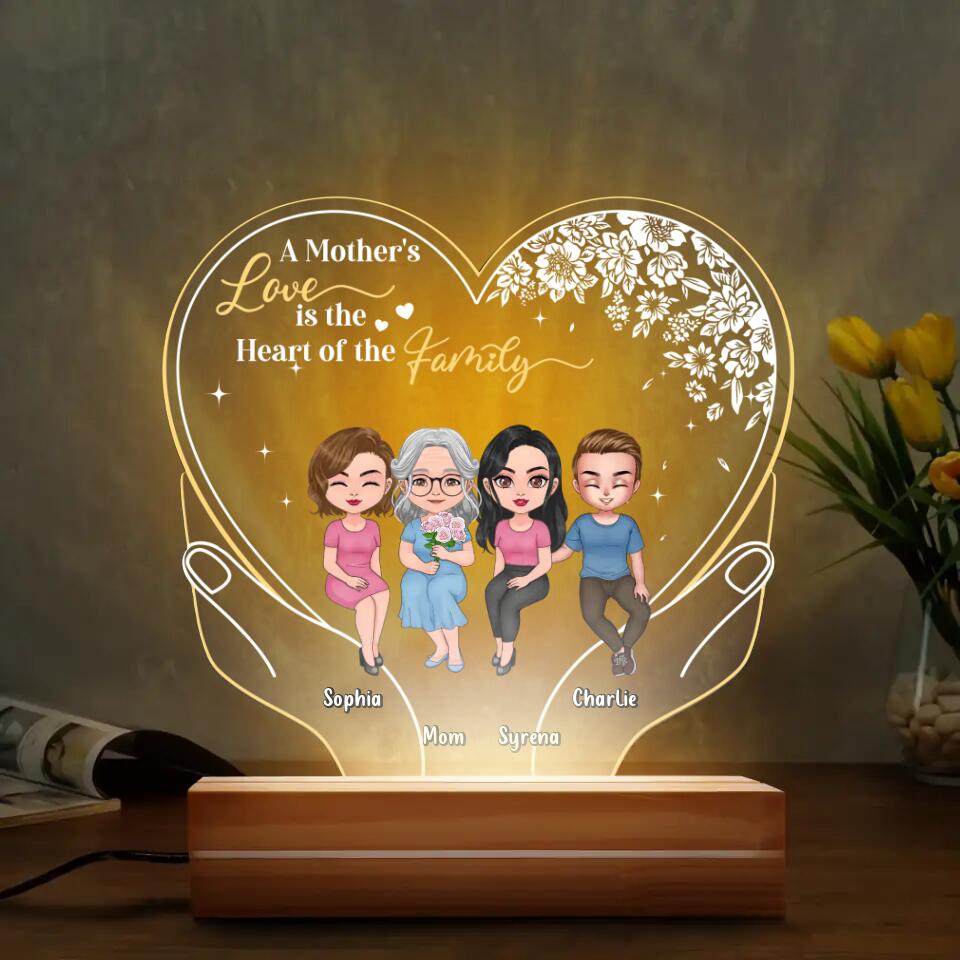 Personalized Mother Acrylic Night Light - Up to 3 Children - Gift Idea for Mother's Day -  A Mother's Love Is The Heart Of The Family