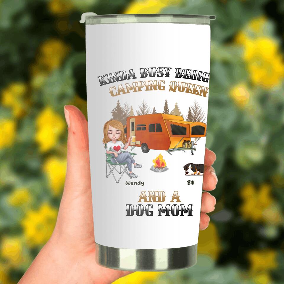 Personalized Dog Camping Queen Tumbler - Gift Idea For Camping Lovers/Friends/Dog Mom - Up to 3 Dogs - Kinda Busy Being A Camping Queen
