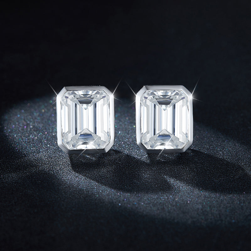 Emerald Cut Moissanite Stud Earrings with Geometric Bezel