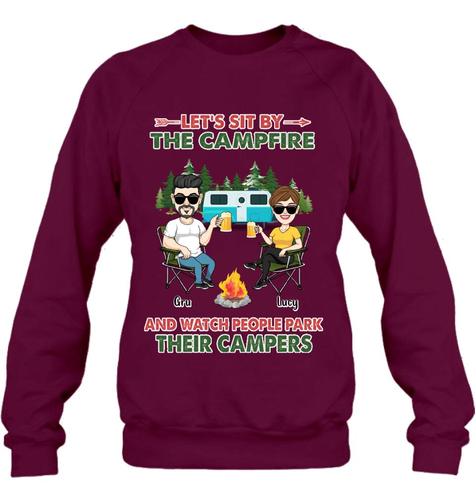 Personalized Couple With Dogs Camping Shirt/Hoodie - Couple With Up to 4 Dogs - Gift For Couple/Camping/Dog Lover - Let's Sit By The Campfire