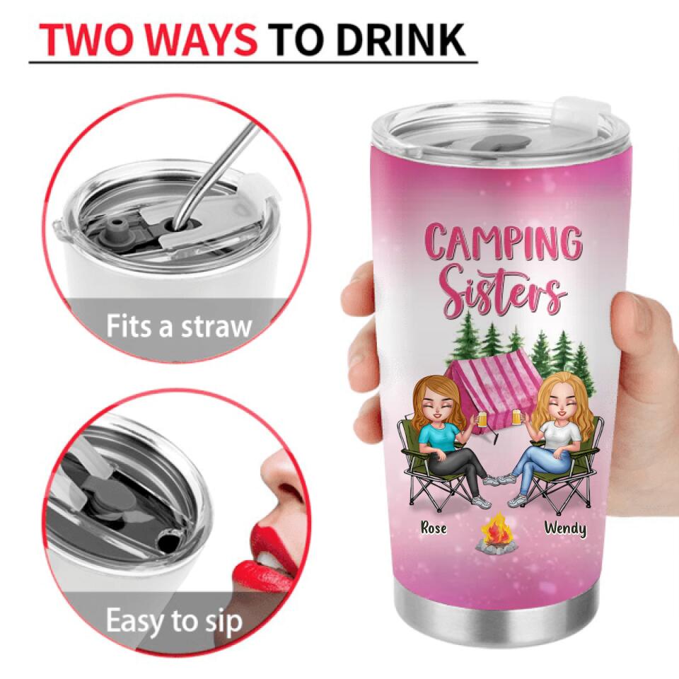 Personalized Camping Sisters Tumbler - Up to 5 People - Gift For Friends/Camping Lover - Camping Sisters Because Going Crazy Alone Is Just Not As Much Fun
