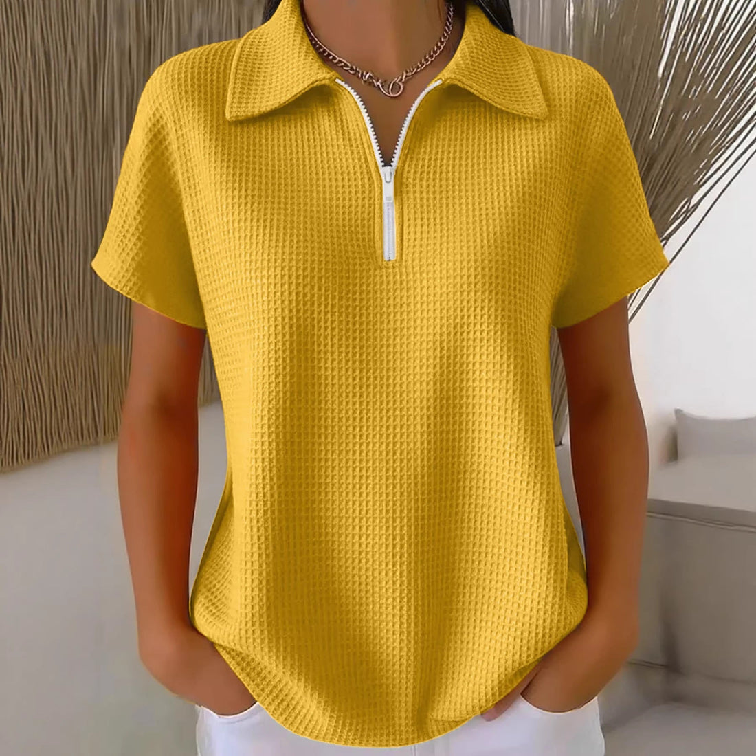 Drop Shoulder Half-Zip Waffle Knit Top with 3/4 Sleeves