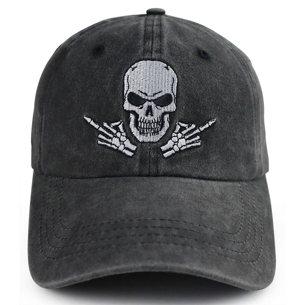 Washed Black Skull Embroidered Trucker Cap