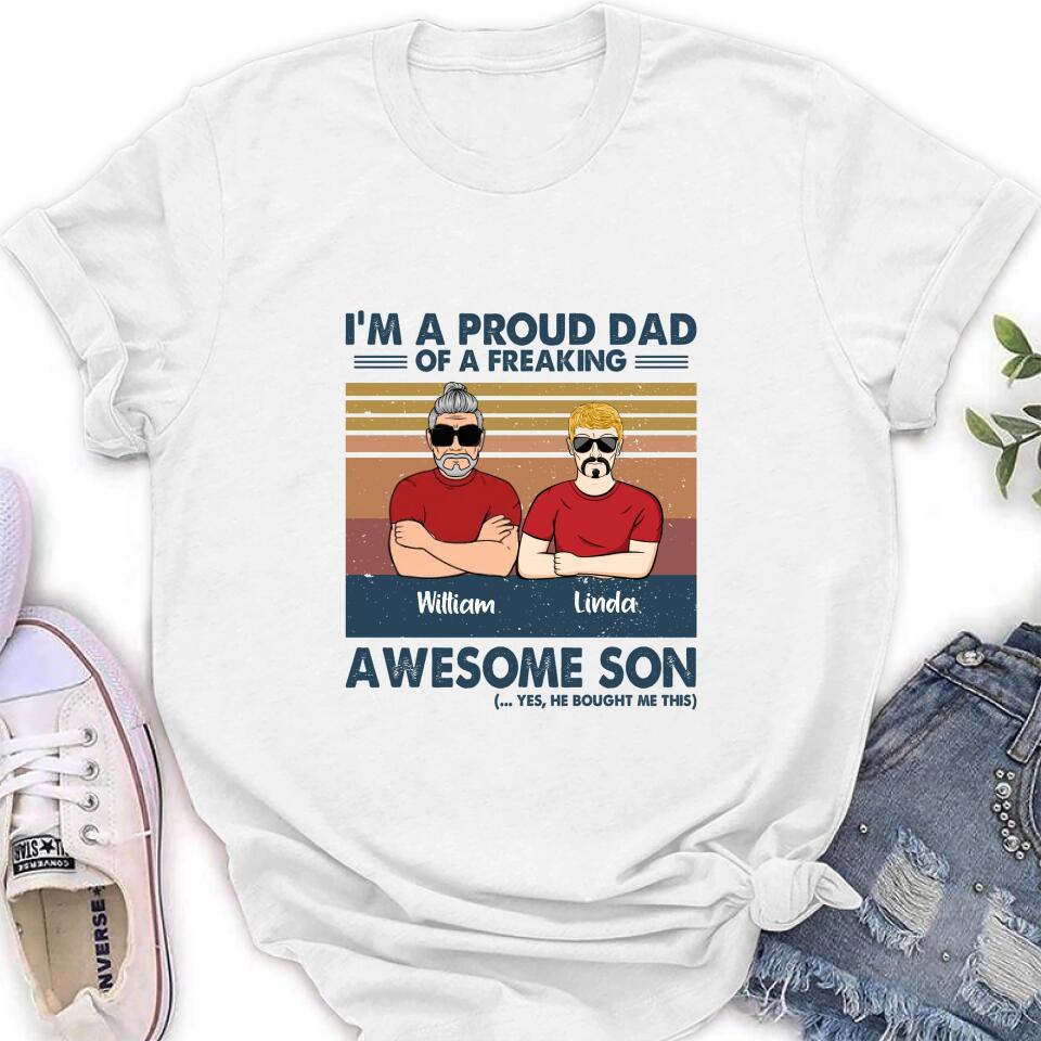 Personalized Parent With Children Shirt/Long Sleeve/Hoodie/Sweatshirt - Gift Idea For Mother's Day/Father's Day - Up to 4 Children - I'm A Proud Dad Of A Freaking Awesome Son