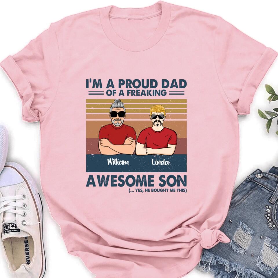 Personalized Parent With Children Shirt/Long Sleeve/Hoodie/Sweatshirt - Gift Idea For Mother's Day/Father's Day - Up to 4 Children - I'm A Proud Dad Of A Freaking Awesome Son