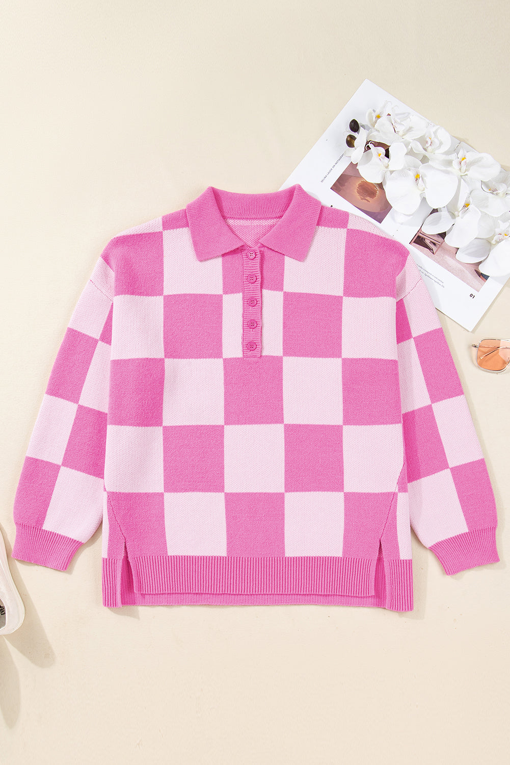 Plus Size Checker Collared Half-Button Henley Sweater