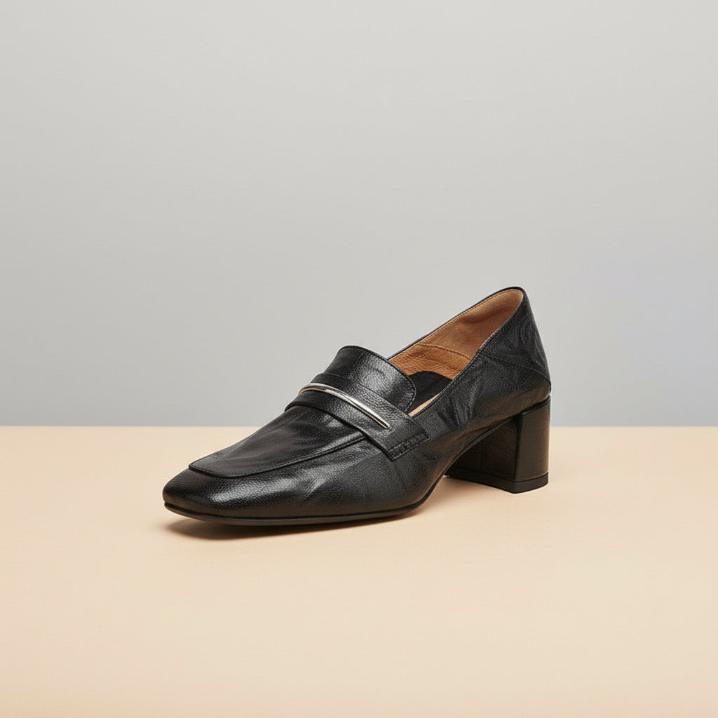 Women's Sheepskin Leather Square Toe Chunky Heel Loafer Pumps - Image 4